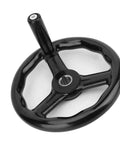 200mm Black Anti Slip Bakelite 3 Spoke Lathe Handwheel with Handle showing top angle view