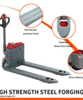 Tory Carrier Electric Pallet Truck 4400lb Capacity With 48 By 27 Inch Forks Big Li-ion Battery showing reinforced steel forks and drive wheel guards.