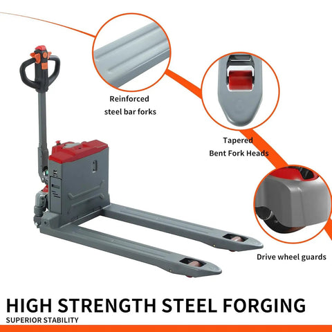 Tory Carrier Electric Pallet Truck 4400lb Capacity With 48 By 27 Inch Forks Big Li-ion Battery showing reinforced steel forks and drive wheel guards.