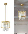 Modern Gold Crystal Foyer Chandelier With Round Metal Frame Adjustable Height Entryway Pendant Light For Dining Room Kitchen Island Glam Contemporary Ceiling Fixture That Elevates Your Vibe, displayed against a neutral interior wall.