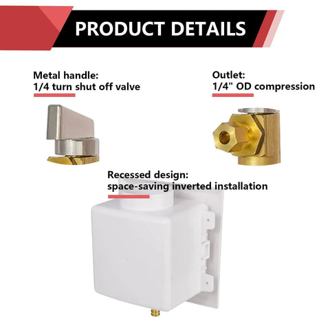 Universal Ice Maker Box With One Half Inch Pex Crimp Inlet And Installed One Quarter Turn Brass Ball Valve Snap On Faceplate Rough Opening