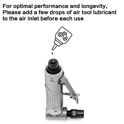 Right-angle air die grinder in silver metal with side trigger; compact pneumatic tool for grinding and deburring.