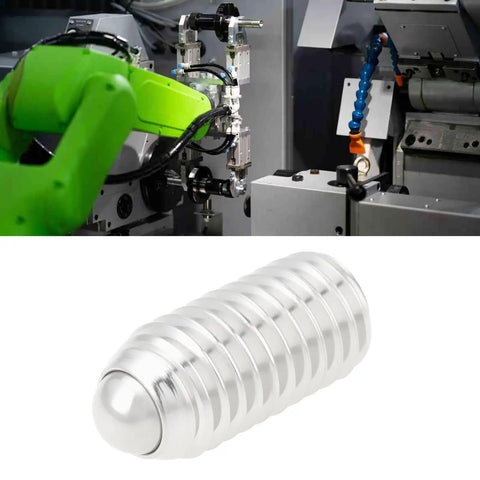 Close-up of a 20 Pack M10x20 Ball Point Set Screw in 304 Stainless Steel alongside CNC machine and robotics arm in use