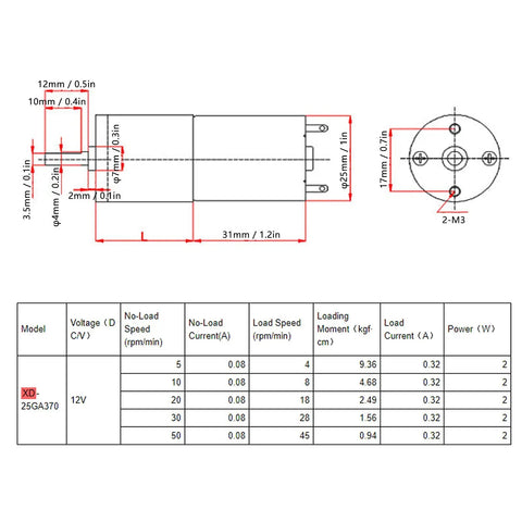 Diagram showing dimensions and specifications of Super Rugged 12V DC Micro Gear Motor Boasting All Metal Gears And Premium Copper Coils.