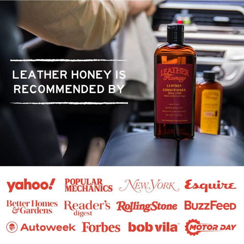 Hardcore Leather Care Kit With Nontoxic Conditioner And Gentle Cleaner for rejuvenating car leather seats, shown in use.
