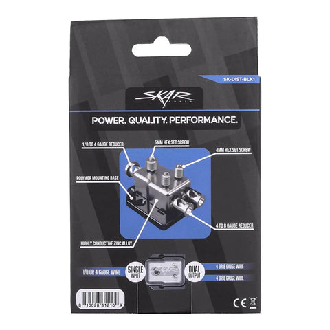 Power Distribution Block For Car Audio With 1/0 Or 4 AWG In Dual 4/8 AWG Out Solid Zinc Alloy For Maximum Conductivity Premium Block Cover Reducers Included Heavy Duty Mounting Block For Clean Wiring And Safe Install. packaged car audio distribution block with reducers and mounting base
