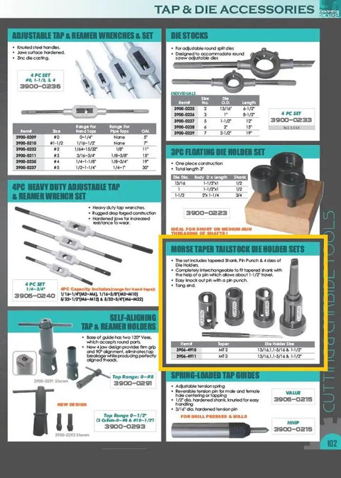 Catalog page showing various metalworking tools, including Tailstock Die Holder Set with MT3 Tapered Shank Includes Pin Punch And Four Die Holders.
