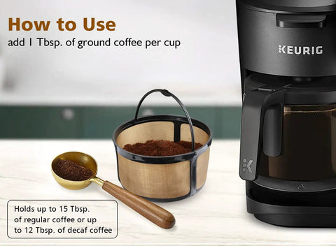 K Duo Compatible Reusable Coffee Filter with ground coffee next to a Keurig brewer, emphasizing its dishwasher safe design.