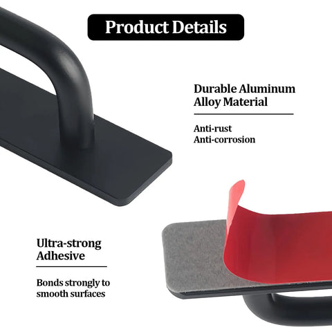 Self Stick Cabinet Handles 4 Pack No Drill Drawer Pulls For Cabinets And Closets Durable Aluminum Alloy With Super Strong Adhesive Tape Easy Install For Kitchen Bath Remodel And Furniture Makeover matte black handle close-up with adhesive pad
