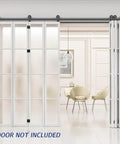 12 Foot Bi Folding Sliding Barn Door Hardware Track Kit for interior use installed with eight panels folding to sides.