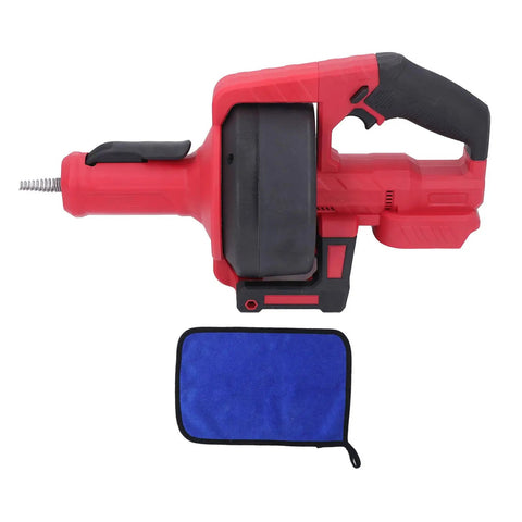 Cordless Electric Drain Auger Knocks Out Nasty Drain Clogs Fast With 23 Foot Flexible Spiral Cable For Sinks Toilets And Bathtubs Heavy Duty Rechargeable Tool with a blue cleaning cloth.