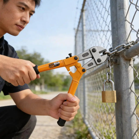 Person using Heavy Duty 30 Inch Bolt Cutter With Ergonomic Non-Slip Handle on chain lock, showing cutting in action.