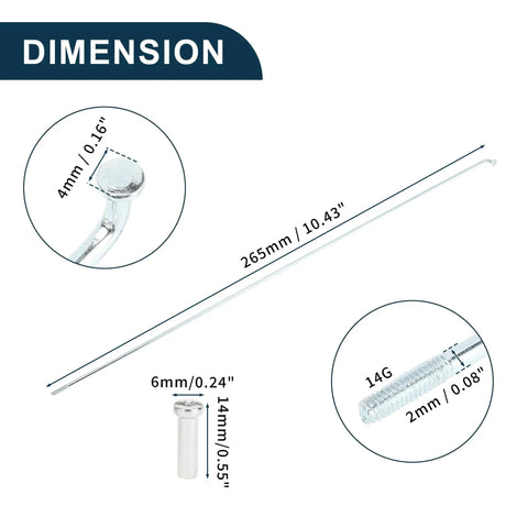 Dimensions of Bike Wheel Spokes Set, 14G, 265mm Length, Carbon Steel Galvanized with Silver Tone Nipples, 1 Pack