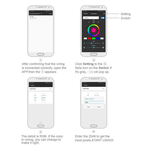 Smartphone interface for Wireless Bluetooth Controller SP105E with real-time color control and settings instructions.