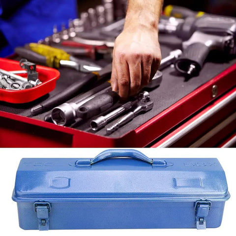 Heavy Duty Iron Tool Chest Organizer With Secure Padlock Clasp And Dual Carry Grips A Truly Badass Workshop Container For Mechanics And DIY Folks Who Want Zero Drama Organization on a workbench with tools.