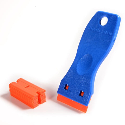 1.5 Inch Plastic Razor Scraper With Ten Double Edged Blades For Removing Labels, Stickers, And Decals From Glass Windows Without Scratching