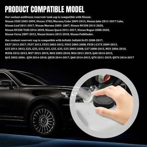 2 Pack Rad Coolant Reservoir Cap For Infiniti And Nissan Radiator Overflow Tank Engine Water Cooling Cap Replacement Compatible With OEM 21712-79900 Black Finish Durable Car Cooling System Cap shown installed on vehicle