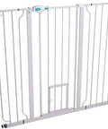 Extra Wide Walk Through Pet Gate With Pet Door White 29 34 Inches Wide 30 Inches High With 4 And 6 Extension Panels No Fuss Easy One Touch Release Handle Pressure Mount All Steel Construction