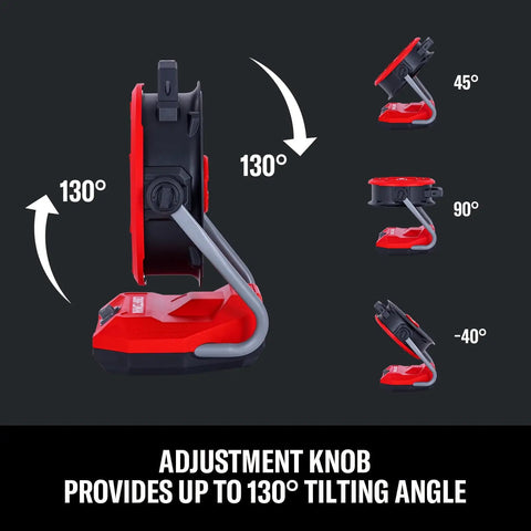 Adjustment knob on V20 Max Cordless 12 Inch Portable Fan with Dual Power Battery or AC, 1400 CFM, showing 130-degree tilt options