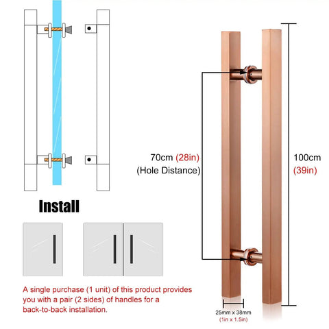 Rose Gold Sliding Barn Door Pull Handle, Modern Square H Shape Push Pull Door Handle For 39 Inch Doors, Super Easy Install, Rust Resistant 304 Stainless Steel, showing dimensions and installation layout.