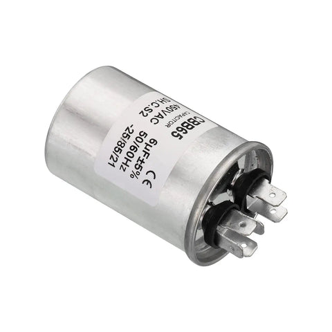 Beefed Up 6uF 450V AC CBB65 fan start capacitor with metal casing for HVAC condensers, showing terminals, compact design.
