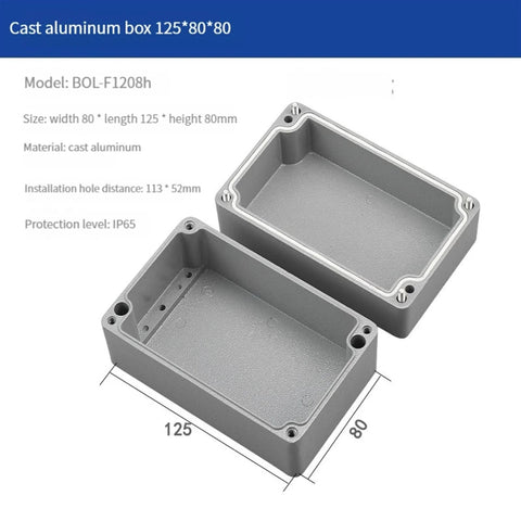 Two gray cast aluminum IP66 waterproof junction boxes for outdoor electrical enclosure, 125x80x80 mm.