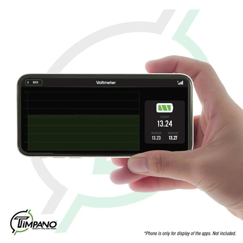 Smartphone showing voltmeter screen for Bluetooth DSP Car Audio Processor With Four Output Channels Full Digital Signal Processing Smartphone Control Built In Voltmeter And Remote Relay For Aftermarket And Factory Radios