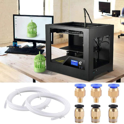 SIQUK PTFE tubing and PC4 fittings kit for 3D printers; white tubing coils and six brass fittings with blue caps