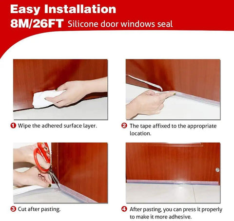 Steps for installing Self Adhesive Silicone Door Seal Strip, 26 Feet Long Weather Stripping For Doors And Windows, 25mm Gap Filler