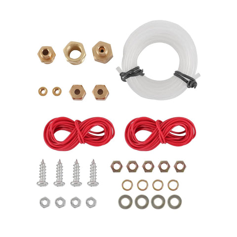 Installation accessories for triple gauge car dash kit including wires, screws, and fittings.