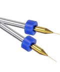 Close-up of Ten Piece PCB Drill Bit Set 0.3mm Titanium Coated Carbide Micro Twist Bits with blue rings for engraving and drilling.