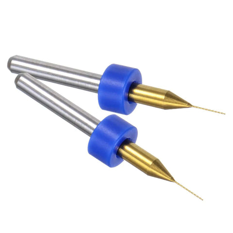 Close-up of Ten Piece PCB Drill Bit Set 0.3mm Titanium Coated Carbide Micro Twist Bits with blue rings for engraving and drilling.