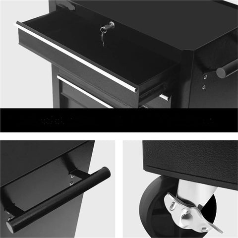 Close-up of Heavy Duty Rolling Tool Chest With Seven Deep Drawers showing an open drawer and lock system, black steel material.