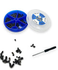 Straight Up Heavy Duty Nickel Plated Tip Screws For Belts And Buckles 150 Piece Assortment Kit With Screwdriver Solid Cross Slot Leather Repair Hardware in blue organizer.