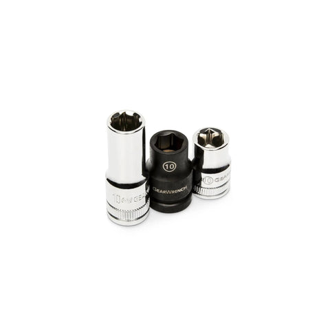 Must-Have 10mm Socket Set For 1/4 And 3/8 Inch Drives, 6 Point Single Size Sockets, Includes Flex, Deep, Mid-Length, Standard And Magnetic Sockets, Chrome Finish That Resists Corrosion, A Real Workhorse - chrome and black sockets close-up