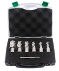 Oscarbide 7‑pc annular cutter set with Weldon shanks in case; 1" cutting depth, diameters 1/2"–1-1/16".