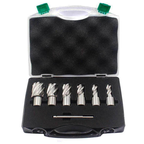 Oscarbide 7‑pc annular cutter set with Weldon shanks in case; 1" cutting depth, diameters 1/2"–1-1/16".