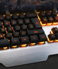 Slick Gaming Keyboard And Mouse Combo With Vivid Backlight And Snappy Mechanical Feel Plug And Play Usb Wired Pair For Home Or Work Setup Featuring Flexible Floating Keys, close-up of illuminated keys.