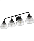 Cypress Grove 4 Light Natural Black Iron Vanity Light with Clear Holophane Glass Shade, medium size, dimmable, transitional style.