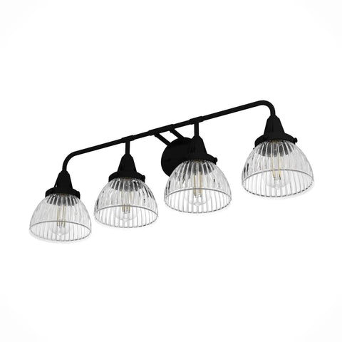 Cypress Grove 4 Light Natural Black Iron Vanity Light with Clear Holophane Glass Shade, medium size, dimmable, transitional style.