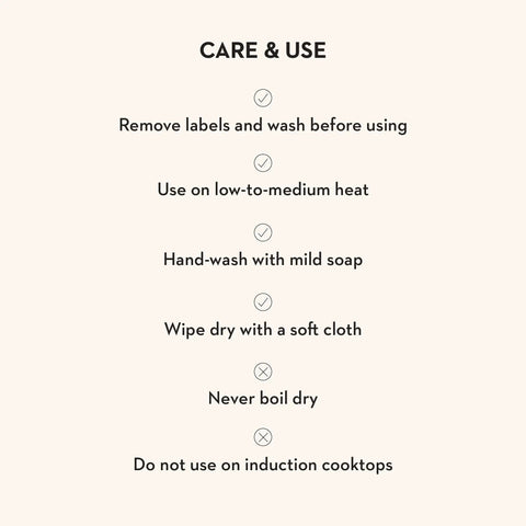 Care instructions for enamel tea kettle: hand wash, use low heat, wipe dry, avoid induction, do not boil dry.