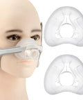 Replacement AirFit N20 Nasal Cushion Two Pack shown on mannequin's face, medium size for secure and comfy sleep fit.