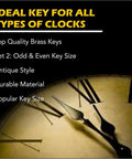 Universal 5 Prong Brass Clock Key Set For Winding Clocks highlighted by features text with antique clock face in background.