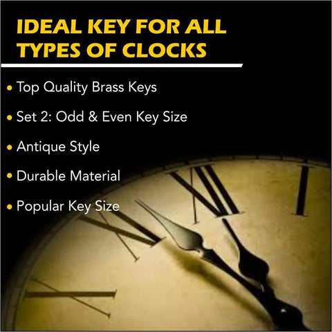 Universal 5 Prong Brass Clock Key Set For Winding Clocks highlighted by features text with antique clock face in background.