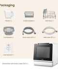 No Plumbing Headache Game Changer Countertop Dishwasher With Eight Knockout Clean Cycles, includes accessories and user manual.