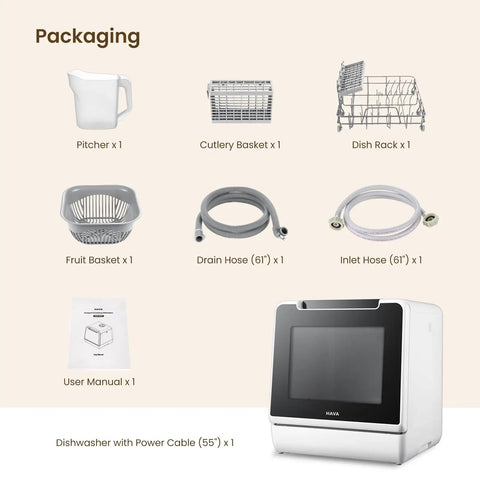 No Plumbing Headache Game Changer Countertop Dishwasher With Eight Knockout Clean Cycles, includes accessories and user manual.