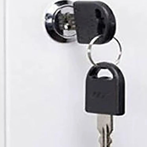 Close-up of locking mechanism with key on Heavy Duty Rolling Tool Cabinet With Secure Locking Casters And Thick Steel Frame For Garage Storage Organizer.