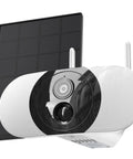 Solar Outdoor Security Camera With Floodlight, Wireless 2K Battery Powered Security Cam, front view with attached solar panel.