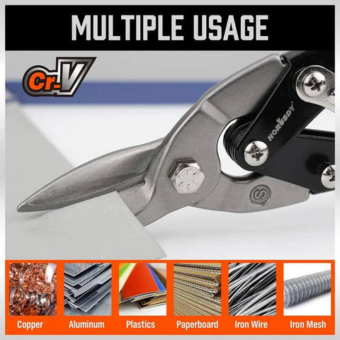 Close-up of 3 Pack 10 Inch Aviation Tin Snips Set cutting sheet metal, showcasing Chrome Vanadium Steel material for multiple usage.