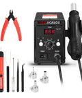 Hot Air Rework Station With Fahrenheit And Celsius Digital Display, anti-static gun, 3 nozzles, IC puller, and desolder pump.